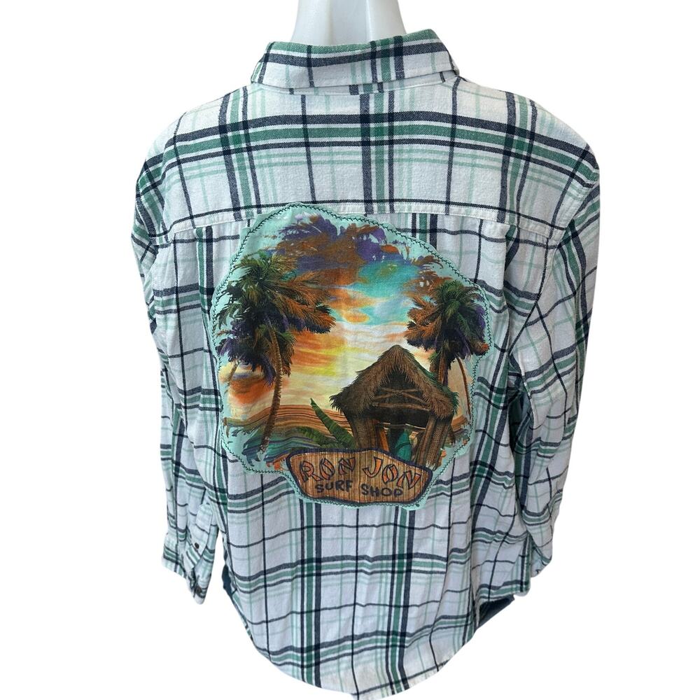 Ron Jon Surf Shop Plaid Flannel Shirt LARGE Oversized Parrothead Unique Surfer
